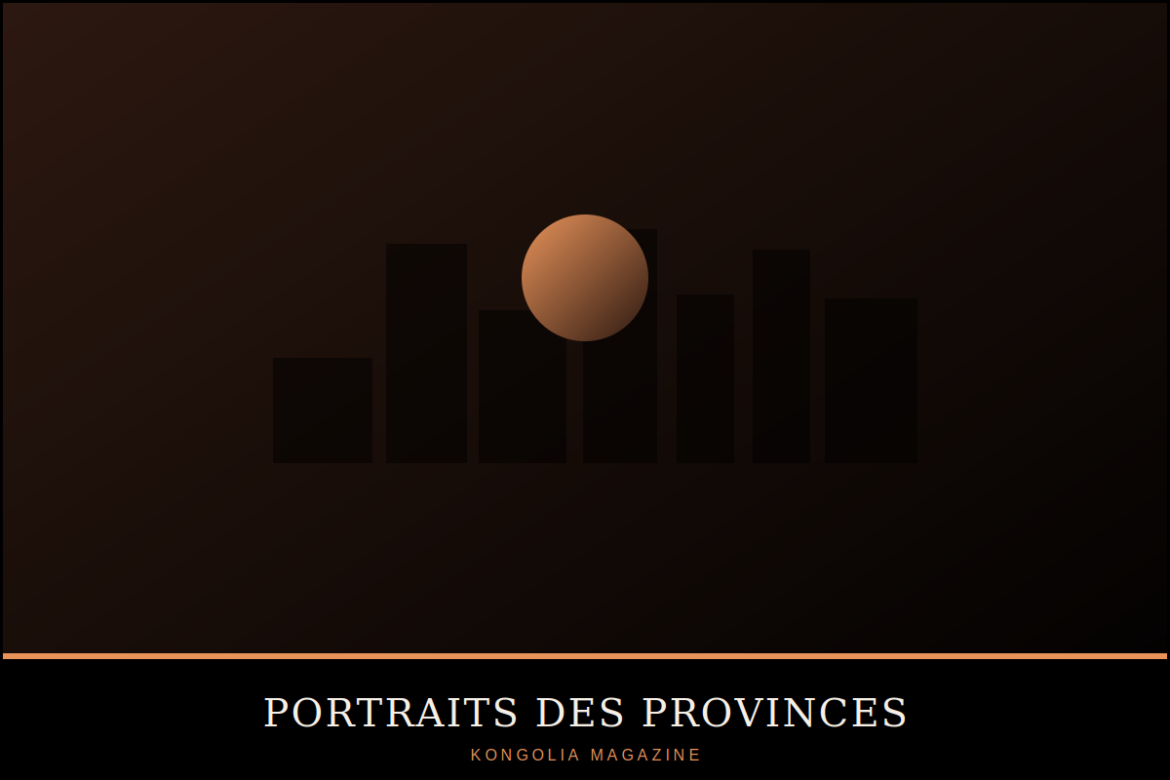Illustration stylisée de Kinshasa au bord du fleuve Congo au coucher du soleil.