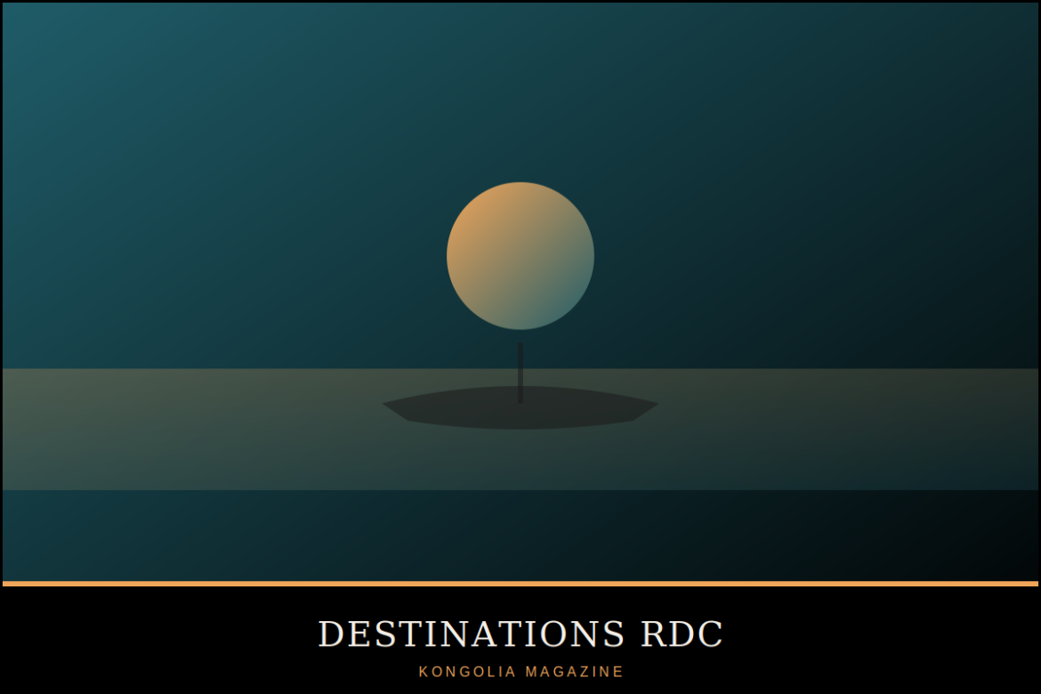 Illustration stylisée d'une plage de Moanda avec pirogues colorées au coucher du soleil.