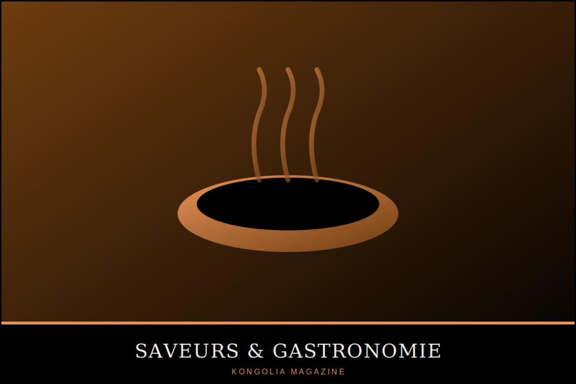 Illustration stylisée d'une marmite de moambe, poulet mijoté dans une sauce graine de palme orangée, entourée de motifs de noix de palme.